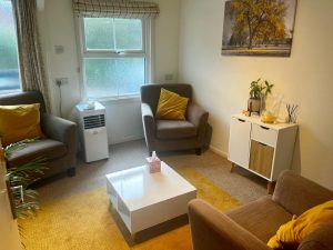 Image of two armchairs facing the counsellors chair, there is acoffee table on a large orange rug and a small side cabinet with flours. Behind the chairs are large windows letting in natural light. 