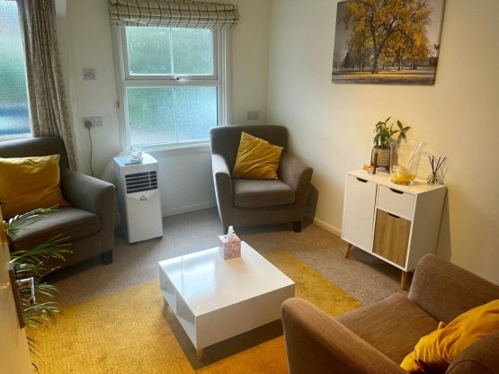 Image of two armchairs facing the counsellors chair, there is acoffee table on a large orange rug and a small side cabinet with flours. Behind the chairs are large windows letting in natural light.