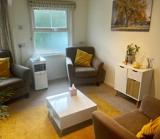 Image of two armchairs facing the counsellors chair, there is acoffee table on a large orange rug and a small side cabinet with flours. Behind the chairs are large windows letting in natural light.