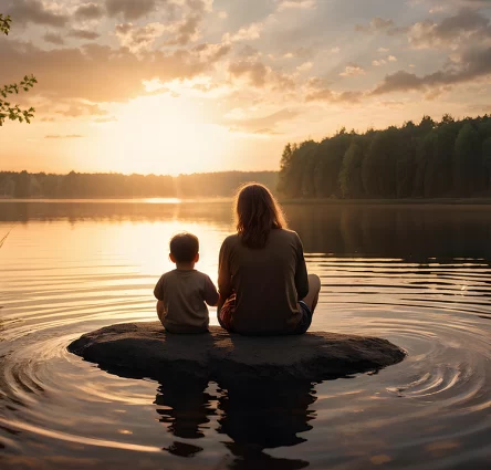 Mother and son sitting on stone in lake, Parenting children with additional needs